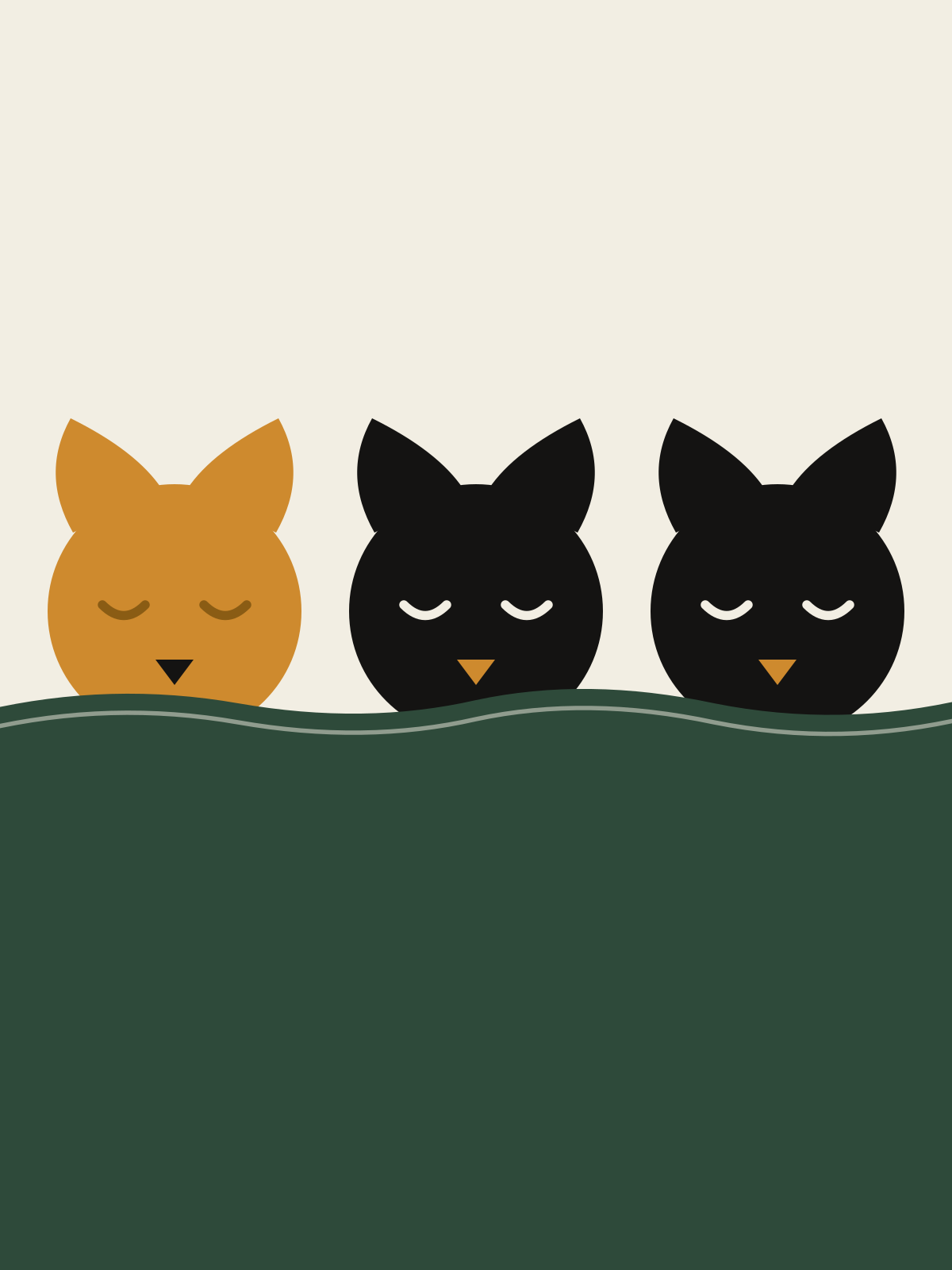 Three cartoon cat heads with closed eyes peeking over a forest-green blanket band