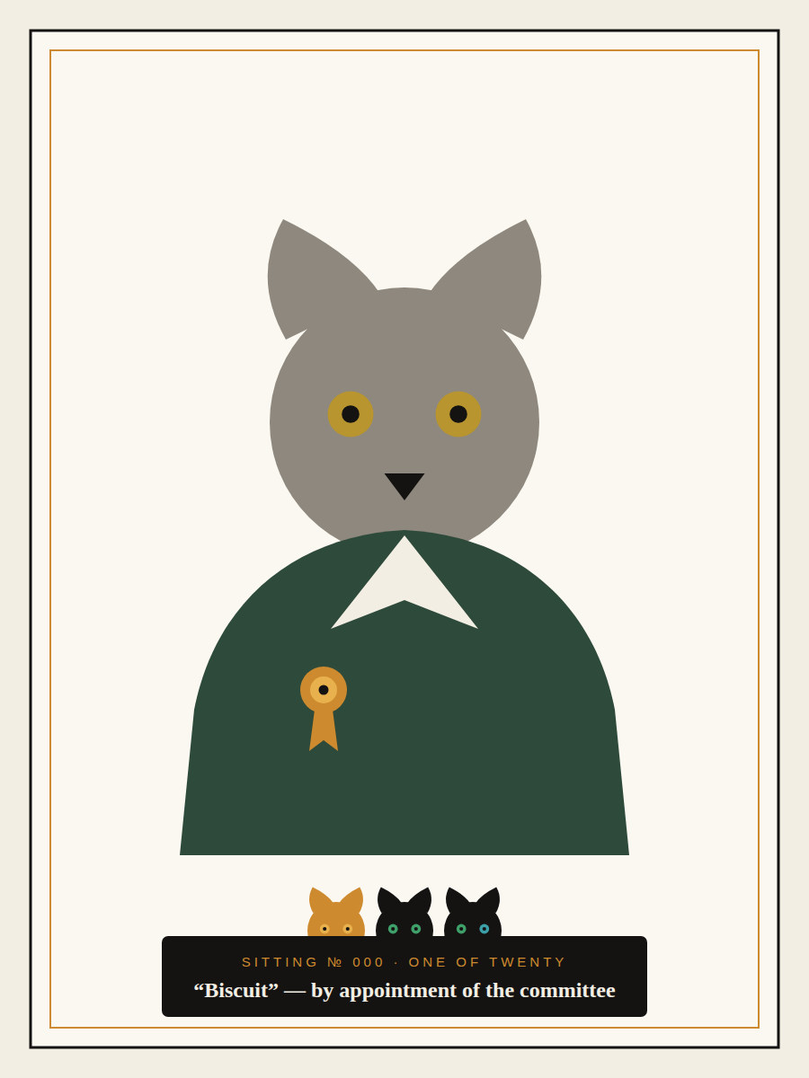 Sample committee portrait: gray cat in a forest robe with an amber rosette, three committee witnesses peeking over the engraved plate